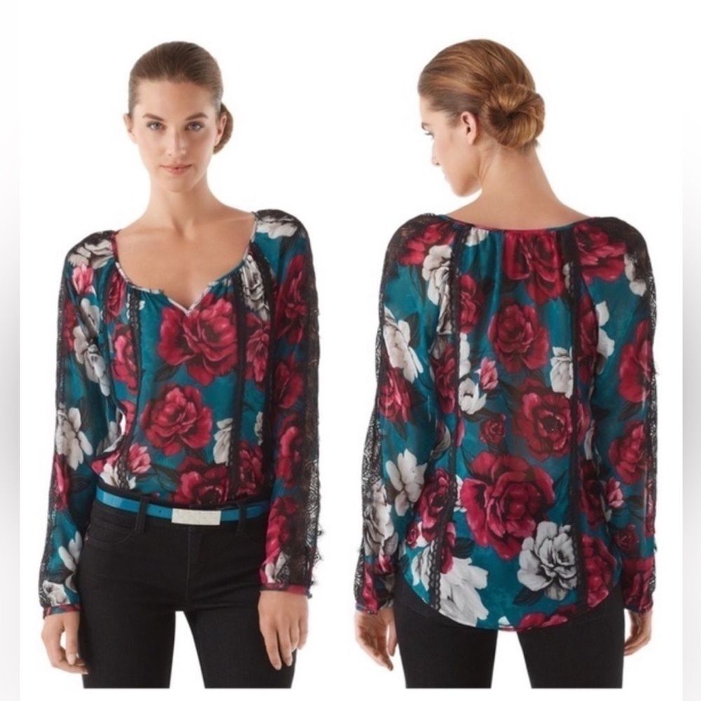 White House Black Market floral sheer blouse size sm lace detailing down sleeves